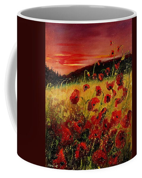 Poppies Coffee Mug featuring the painting Red poppies and sunset by Pol Ledent