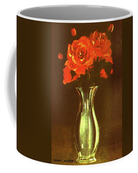 Red Roses Dark Background Coffee Mug featuring the painting Red Roses in a Silver Vase by Frank Hunter