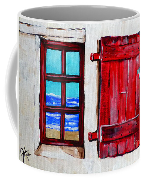 Red Coffee Mug featuring the painting Red Shutter Ocean by Jackie Carpenter