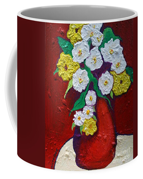 Flowers Coffee Mug featuring the painting Red Vas with Yellow and White Flowers by Alison Caltrider