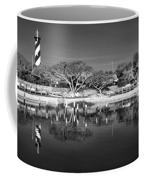 St Augustine Lighthouse Reflection Waterway Intracoastal Scenic Black White Coffee Mug featuring the photograph Reflecting Lighthouse by Alice Gipson