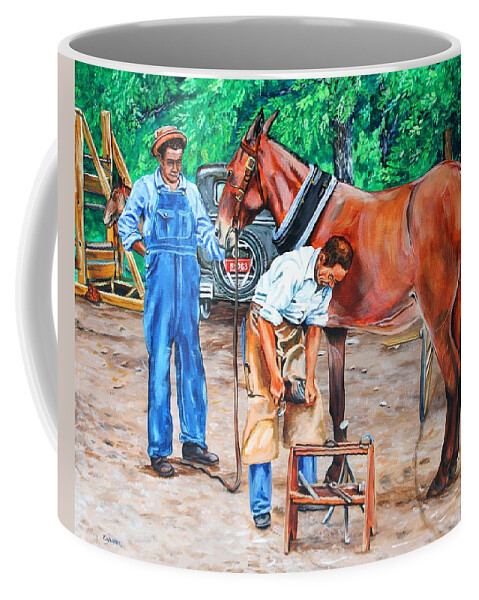 Farrier Coffee Mug featuring the painting Reshoeing the Farm Mule by Karl Wagner