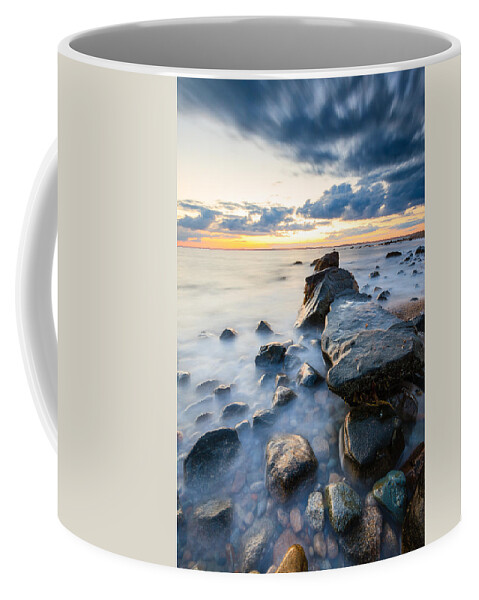 Sunset Coffee Mug featuring the photograph Rocks Sea Sky by Bryan Bzdula