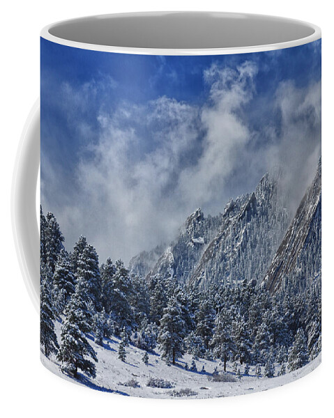 Flatirons Coffee Mug featuring the photograph Rocky Mountain Dusting Of Snow Boulder Colorado by James BO Insogna