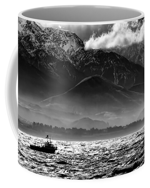 Rough Sea Coffee Mug featuring the photograph Rough Seas Kaikoura New Zealand In Black And White by Amanda Stadther