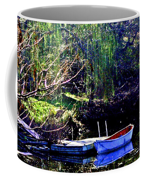 Snug Harbor Coffee Mug featuring the photograph Row Boat at Dock by Joseph Coulombe