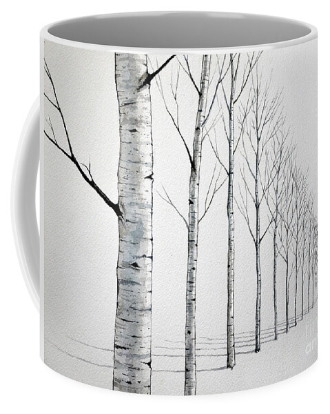 Birch Tree Coffee Mug featuring the painting Row of Birch Trees in the Snow by Christopher Shellhammer