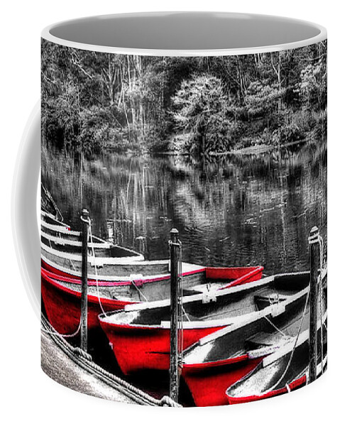 Photography Coffee Mug featuring the photograph Row of Red Rowing Boats by Kaye Menner