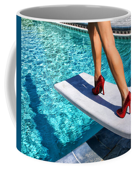 Featuredred Shoes Ruby Slippers High Heels Calves Legs Woman Women Female Model Sequins Ruby Slippers Dorothy Wizard Of Oz Oz Palm Springs Ca Southern California Pool Water Blue Swimming Pool Diving Board Tan Www.williamdey.com William Dey Photography William Dey Fashion Photography Fashion William Dey Palm Springs Life Fashion Palm Springs Fashion Desert Sun Fashion Outlook Stance Run Jump Sexy Desert Sun Palm Springs Archangel Gallery Featured Coffee Mug featuring the photograph RUBY HEELS Ready for take-off Palm Springs by William Dey