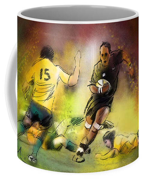 Sports Coffee Mug featuring the painting Rugby 01 by Miki De Goodaboom