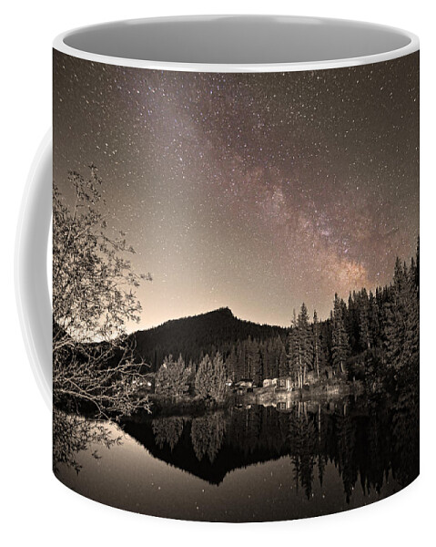 Milky Way Coffee Mug featuring the photograph Rustic Rocky Mountain Cabin Milky Way Sepia View by James BO Insogna