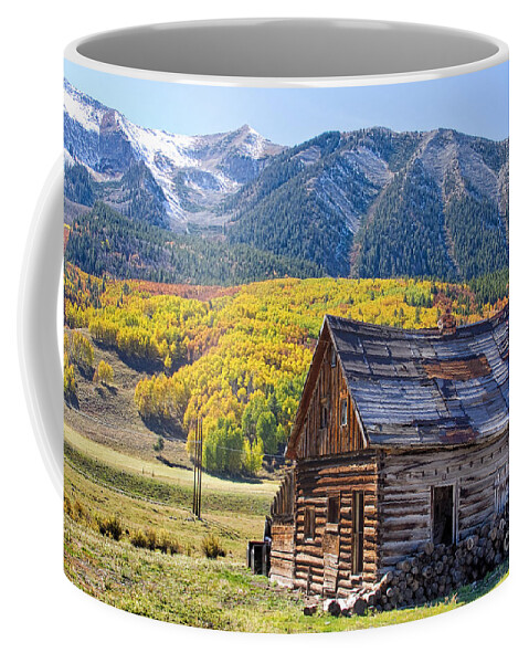 Aspens Coffee Mug featuring the photograph Rustic Rural Colorado Cabin Autumn Landscape by James BO Insogna