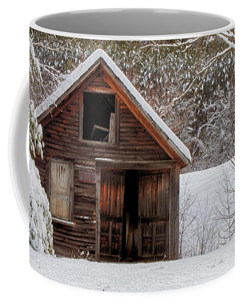  Scenic Vermont Photographs Coffee Mug featuring the photograph Rustic Shack In Snow by Jeff Folger