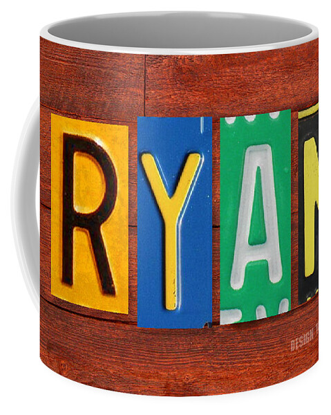 License Coffee Mug featuring the mixed media RYAN License Plate Name Sign Fun Kid Room Decor. by Design Turnpike
