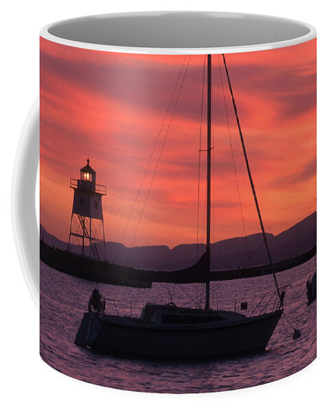Lighthouse Coffee Mug featuring the photograph Sailboat And Grand Marais Light, Mn by Bruce Roberts