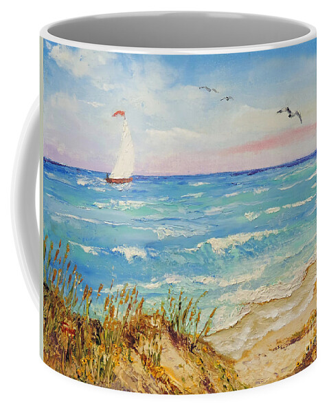 Sailboat Coffee Mug featuring the painting Sailing by the Beach by Jimmie Bartlett