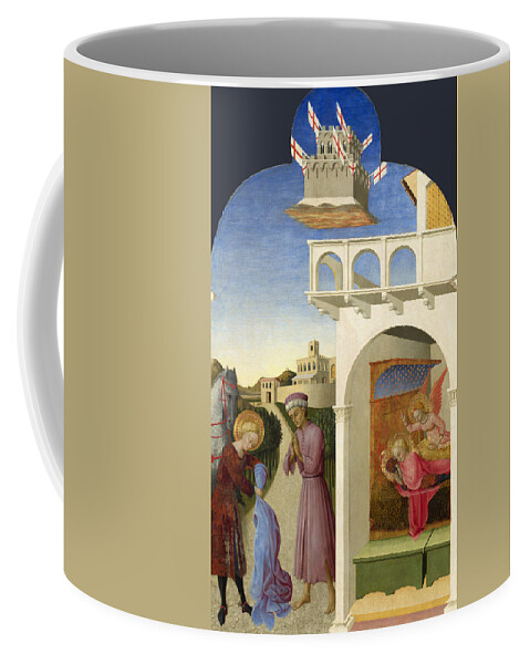 Sassetta Coffee Mug featuring the painting Saint Francis and the Poor Knight and Francis Vision by Sassetta