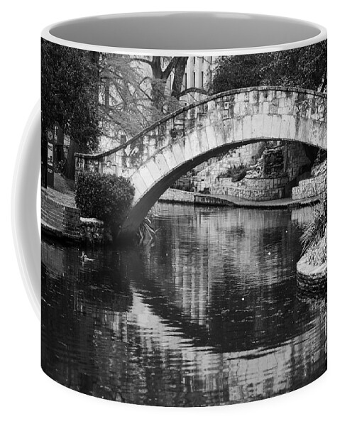 San Antonio Coffee Mug featuring the photograph San Antonio Riverwalk Footbridge and Reflection Black and White by Shawn O'Brien