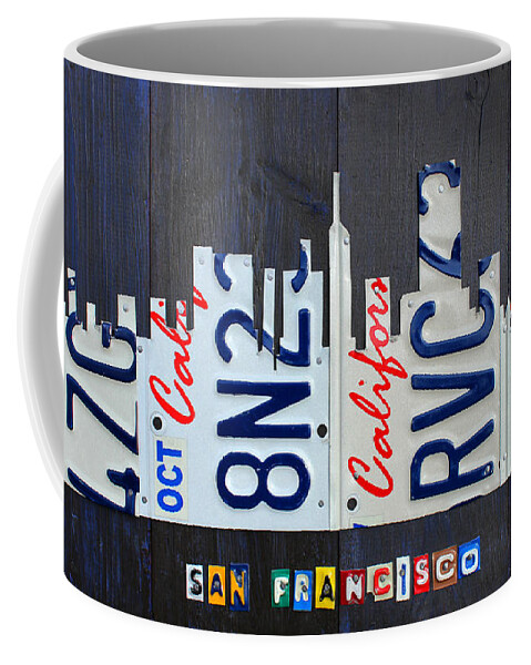 San Coffee Mug featuring the mixed media San Francisco California Skyline License Plate Art by Design Turnpike