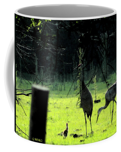 Sandhill Coffee Mug featuring the painting Sandhill Cranes and the First Chick of Spring by George Pedro