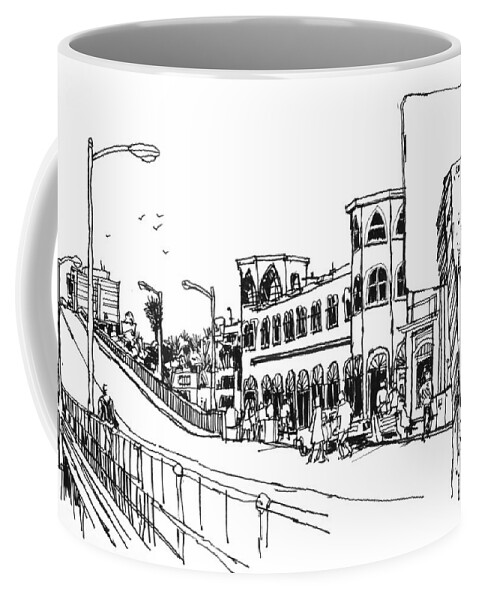 Santa Monica Pier With The Merry-go-round Building On The Right Coffee Mug featuring the drawing Santa Monica Pier with Merry-Go-Round Building by Robert Birkenes