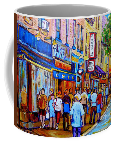 Montreal Coffee Mug featuring the painting Schwartzs Hebrew Deli Montreal Urban Scene by Carole Spandau