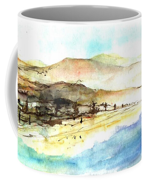 Ink Painting Coffee Mug featuring the painting Sea and mountains by Karina Plachetka