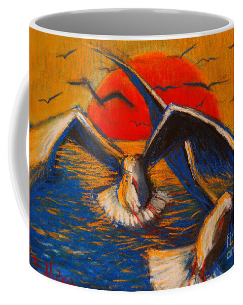 The Seagulls Coffee Mug featuring the pastel Seagulls At Sunset by Mona Edulesco