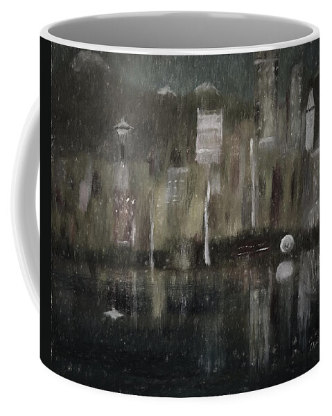 Seattle Coffee Mug featuring the mixed media Seattle in the Rain CityScape by Dick Bourgault