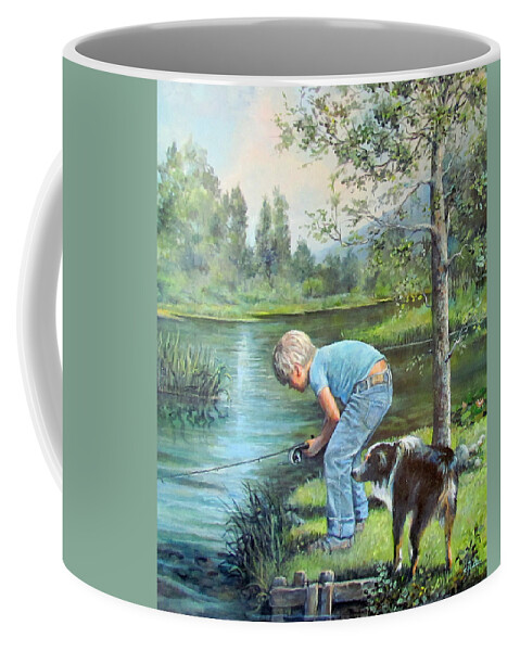 Nature Coffee Mug featuring the painting Seth and Spiky Fishing by Donna Tucker