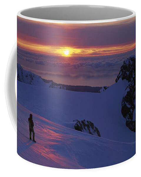 Feb0514 Coffee Mug featuring the photograph Skier And Sunsert On Franz Josef Glacier by Colin Monteath