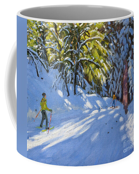 Winter Coffee Mug featuring the painting Skiing through the Woods La Clusaz by Andrew Macara