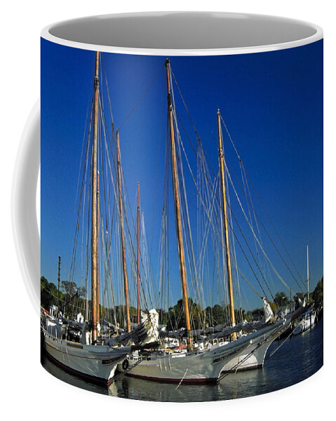 Skipjack Sailboats Docked Coffee Mug featuring the photograph Skipjacks by Sally Weigand