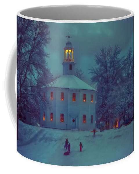 New England Church Coffee Mug featuring the photograph Sledding at the old round church by Jeff Folger