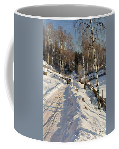 Peder Mork Monsted Coffee Mug featuring the painting Sleigh ride on a sunny winter day by Peder Mork Monsted