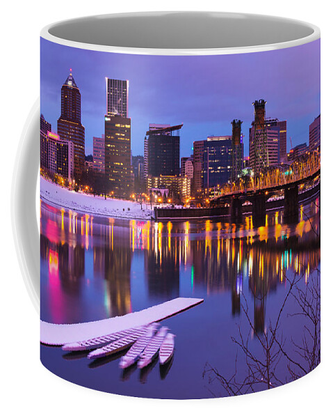 Portland Oregon Downtown Waterfront Cityscape Landscape Dock River Willamette Sunrise Pre Before Winter Snow Snowfall Horizontal Coffee Mug featuring the photograph Snow Day by Patrick Campbell