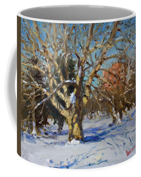 Snow Coffee Mug featuring the painting Snow in Goat Island Park by Ylli Haruni