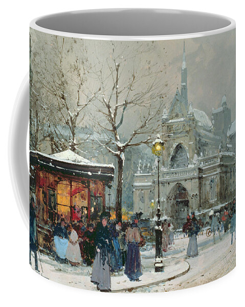 Gas Light Coffee Mug featuring the painting Snow Scene in Paris by Eugene Galien-Laloue