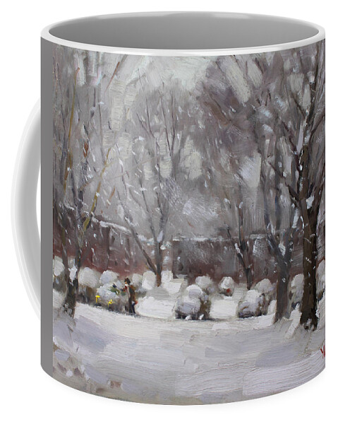 Snowfall Coffee Mug featuring the painting Snowfall in Royal Park Apartments by Ylli Haruni