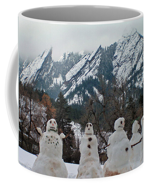 Snowman Winter Snow Nature Flatirons Boulder Colorado Rocky Mountains Nature Chautauqua Coffee Mug featuring the photograph Flatiron snowmen. by George Tuffy