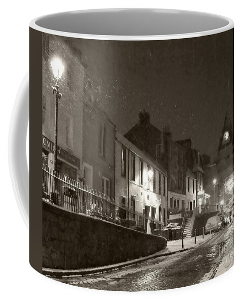 Snowing Coffee Mug featuring the photograph Snowy Night in Black and White by Elena Perelman