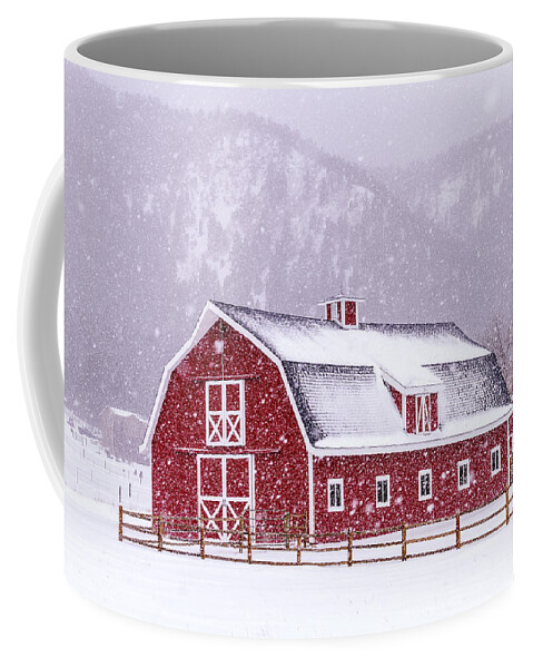 Barn Coffee Mug featuring the photograph Snowy Red Barn by Teri Virbickis