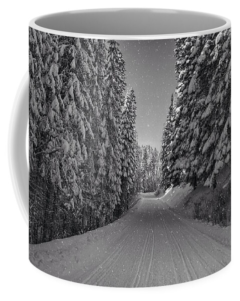 Snow Coffee Mug featuring the photograph Snowy road in black and white by Lynn Hopwood