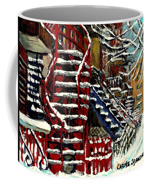 Montreal Coffee Mug featuring the painting Snowy Steps The Red Staircase In Winter In Verdun Montreal Paintings City Scene Art Carole Spandau by Carole Spandau