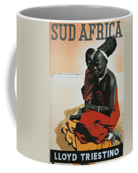 Illustrations; Advertising; Tourism; Africa; South Africa; Europe; Italy; Lloyd Triestino; Hairstyle; Mother And Son; Poster; Sketch; Traditional Costume; Black Coffee Mug featuring the drawing South Africa by Anonymous