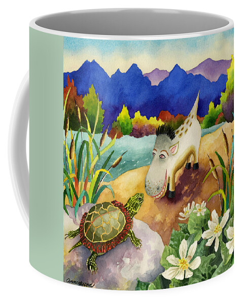 Spike The Dhog Painting Coffee Mug featuring the painting Spike the Dhog Comes Nose to Nose with a Painted Turtle by Anne Gifford