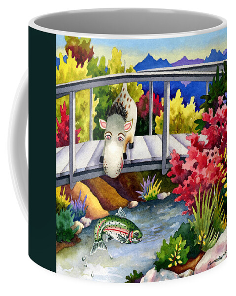 Spike The Dhog Painting Coffee Mug featuring the painting Spike the Dhog Watches a Jumping Trout by Anne Gifford