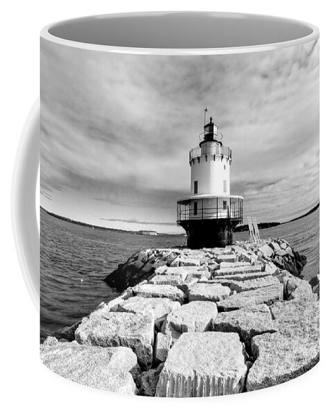 Spring Point Ledge Light Coffee Mug featuring the photograph Spring Point Ledge Light in Black and White by Jenny Hudson