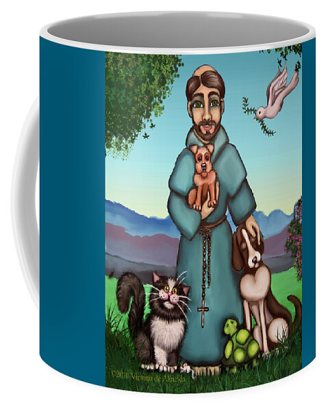 St. Francis Coffee Mug featuring the painting St. Francis Libertys Blessing by Victoria De Almeida