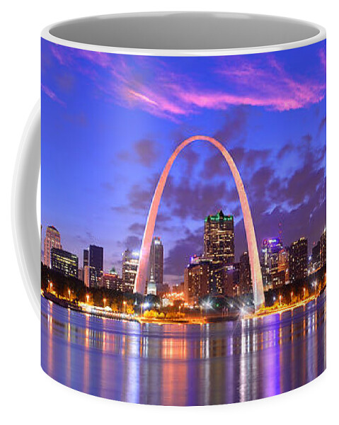 #faatoppicks Coffee Mug featuring the photograph St. Louis Skyline at Dusk Gateway Arch Color Panorama Missouri by Jon Holiday